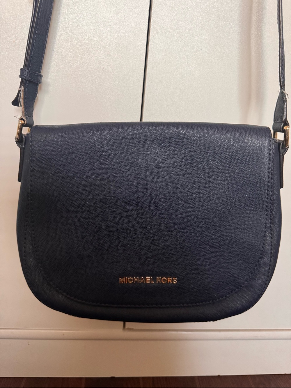 Michael Kors Navy Saffiano Leather Crossbody Saddle Bag with Gold Logo